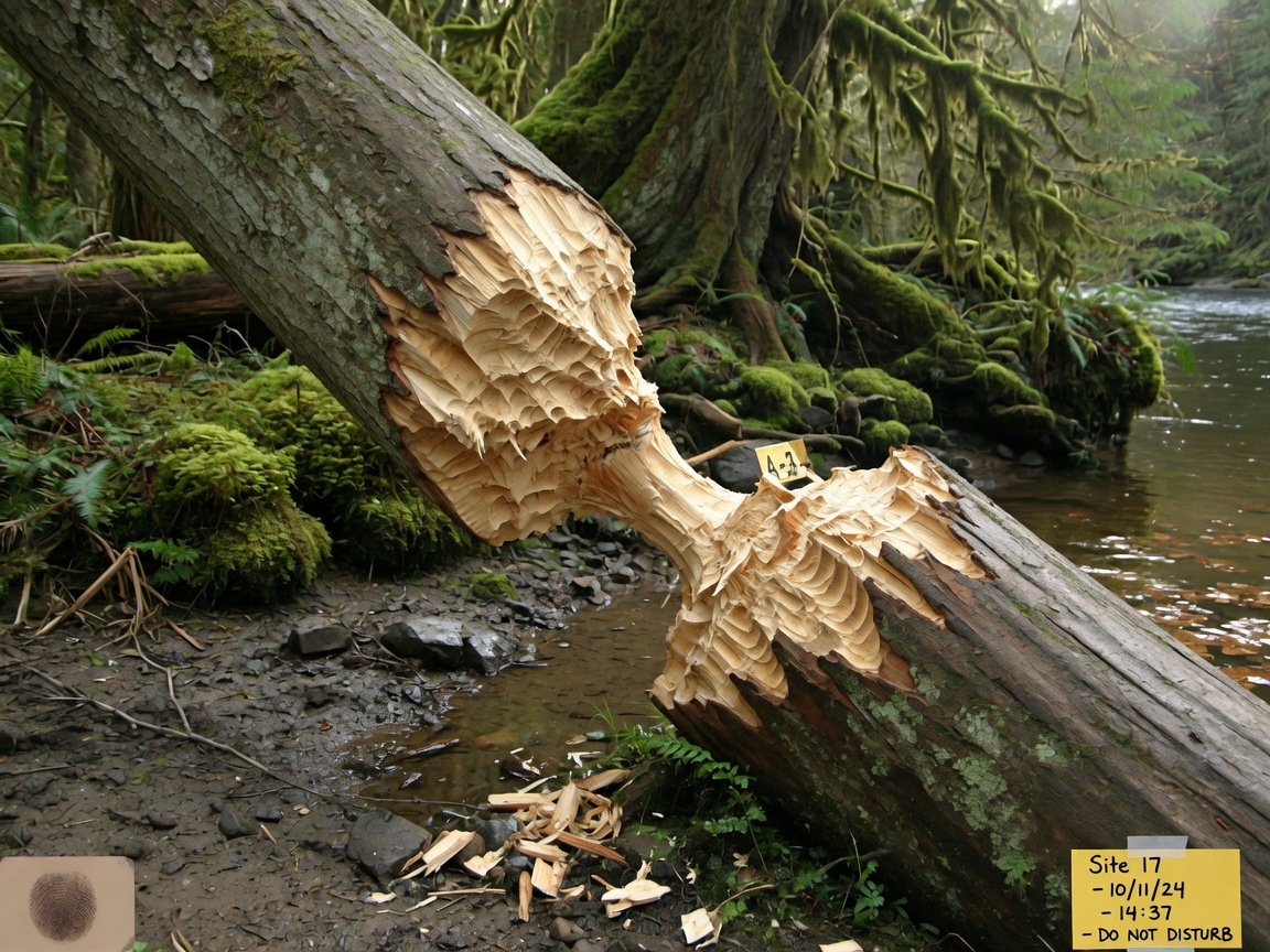 Impossibly large gnaw marks on a riverside tree