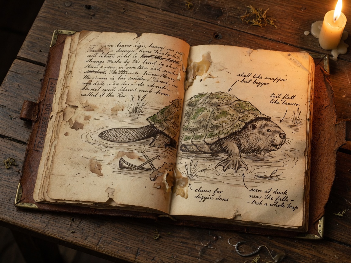 Weathered journal with a sketch of a river creature