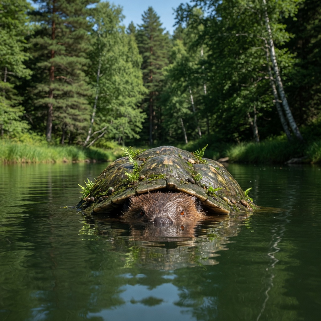Ridged shell shape barely visible in green river water